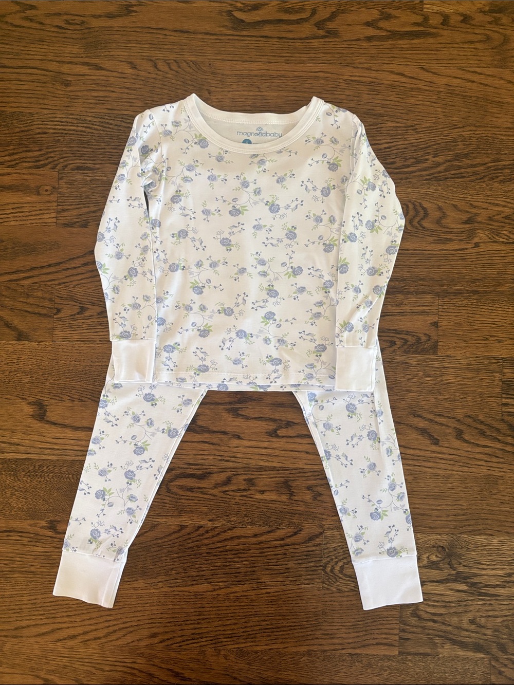 White Floral Long-Sleeve Kids Pajama Set - Blue & Green Print